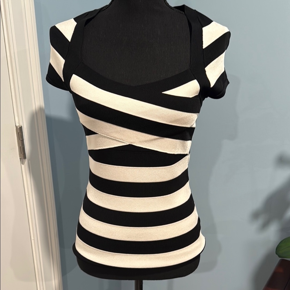 WHBM Black and White Asymmetrical Fitted Short Sleeve Blouse, Size S